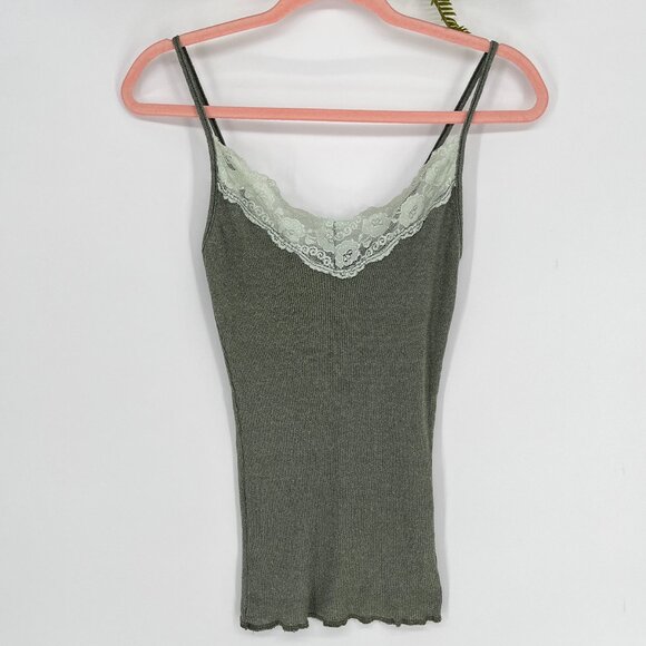 Michael Stars Green Ribbed Cami Top Lace Trim Y2K Aesthetic One Size USA Preppy - Picture 6 of 8